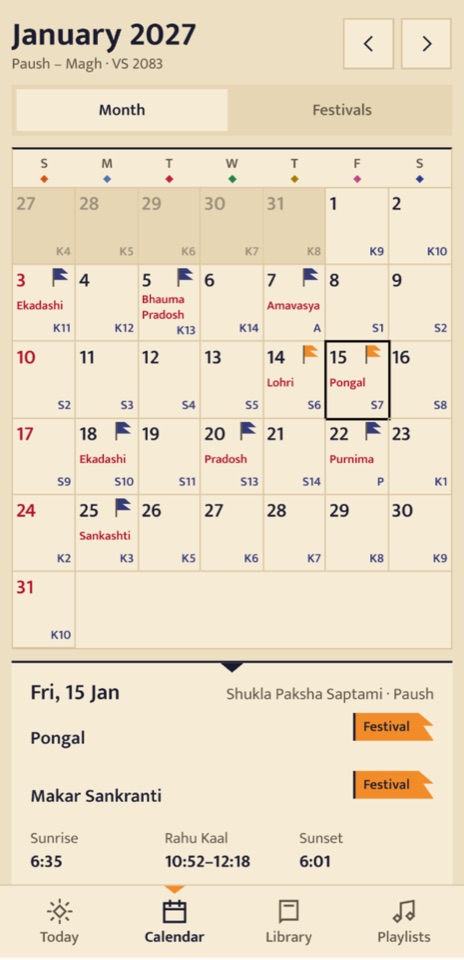 The calendar for January 2027 in Chennai, with Pongal selected